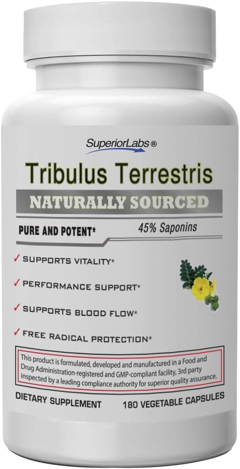 Superior Labs - Tribulus Terrestris - Performance Support & Cortisol Blocker with 45% Saponins, High Potency & Pure 1500mg Dosage, 180 Vegetable Caps - Supports Vitality - with Added BioPerine®
