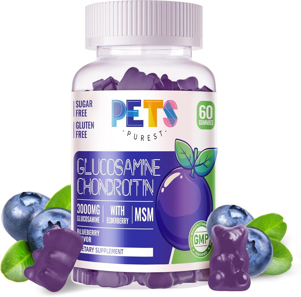 Gyvūnai Purest gliukozaminas Chondroitin Gummies su MSM & Elderberry Extra stiprumo - Bendra parama, Antioksidantas Imuninė parama Priedas suaugusiems, Vyrai & Women.60 Blueberry Gummies