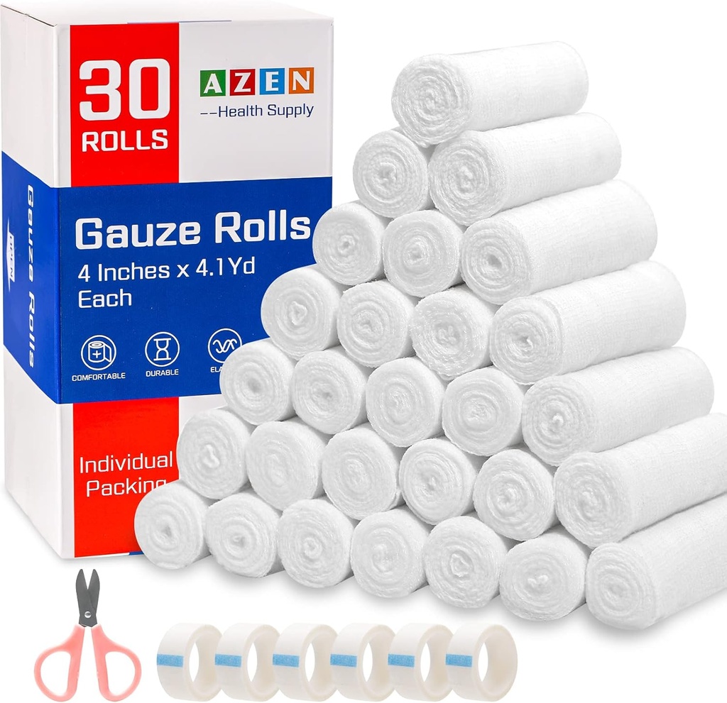 AZEN 30 Pack gaze Rolls Bandages, 4 in x 4.1 Yards, Premium Medicininiai reikmenys ir pirmosios pagalbos reikmenys, Bandage Wrap Vet Wrap, Mummy Wraps