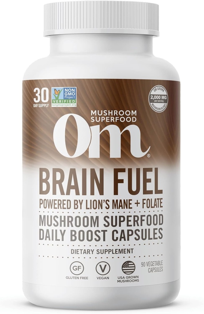 OM MUSHROOM SUPERFOOD Smegenų kuro grybų milteliai kapsulės Supermaisto papildas, 90 Count, 30 dienų, Lion 's Mane, Reishi Blend Plus Folate, psichikos aiškumo, grybų priedas