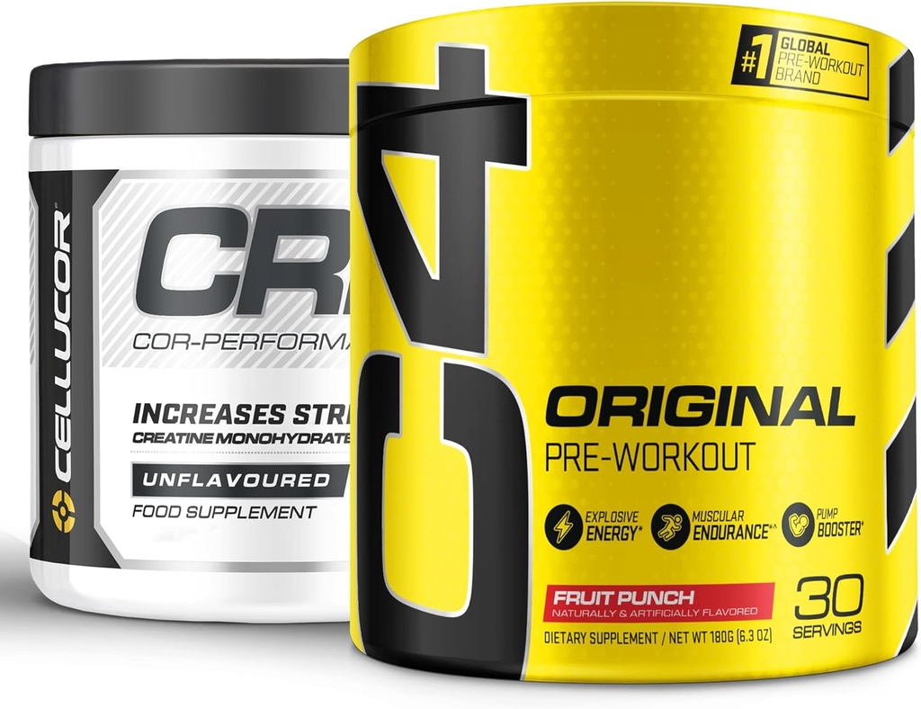 Cellucor Pre Workout & Creatine Bundle, C4 Originalūs prieš treniruotę milteliai, vaisių punch, 30 Servings + Cor Performance Kreatino milteliai, 72 Servings