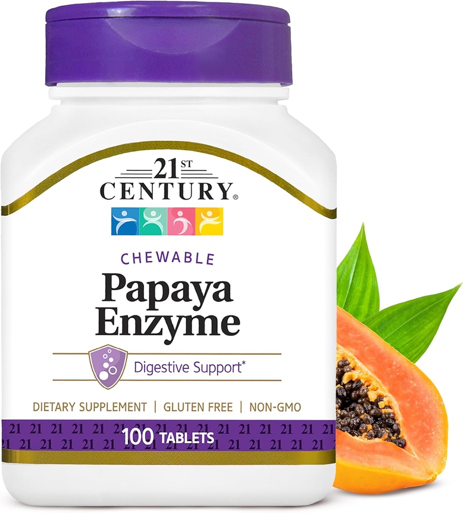 21st Century Papaya Enzyme Chewable (100 Count), Papaya & Pineapple Digestive Enzymes for Gut Health, Tropical Flavor, Non-GMO, Gluten-Free, No Added Salt, Artificial Flavors