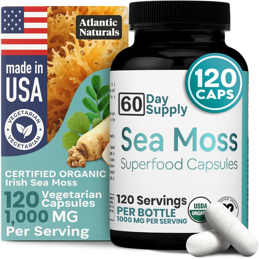 Atlantic Naturals Sea Moss Capsules with Moringa, Ashwagandha, Black Seed Oil, Ginger & Ginseng - Atlanto jūros Mozes papildai vyrams ir moterims - Daily Energy & Wellness Blend - 120 Count