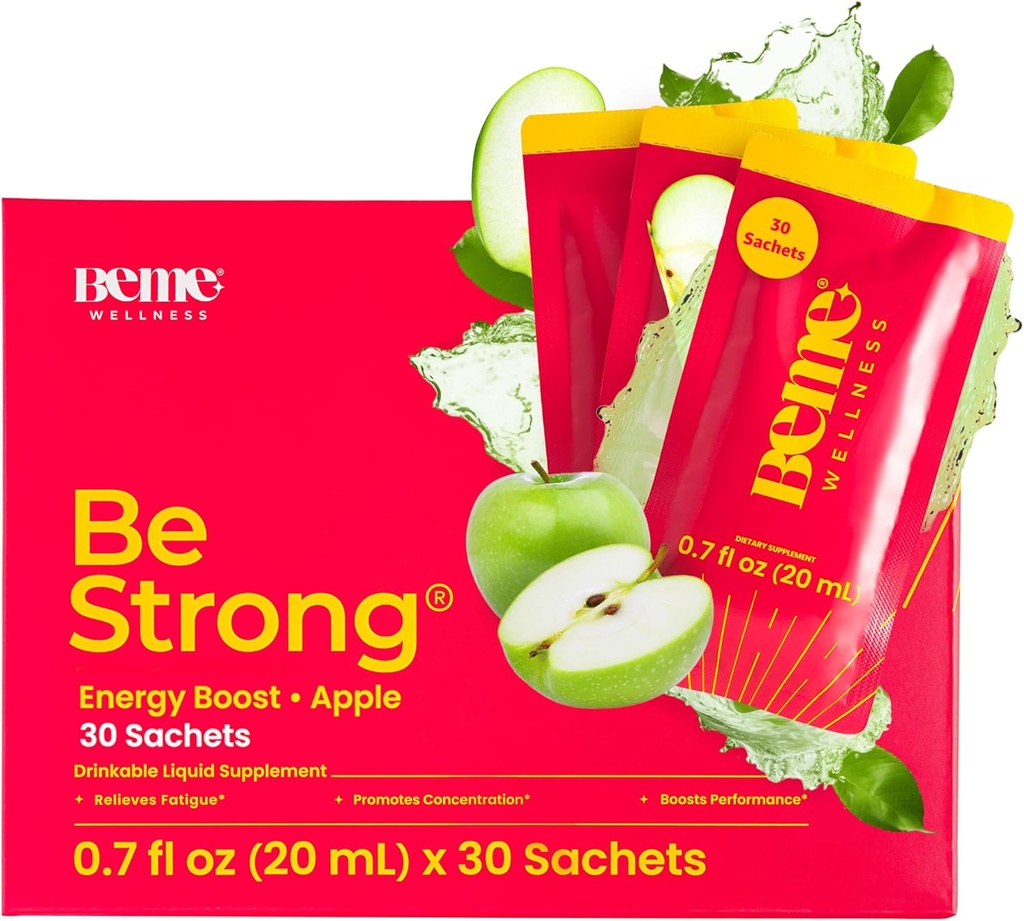 BeMe Vitamin B12 Liquid Shot, BeStrong - Vitamin B 12 Drinkable Liquid Supplement Supports Energy Boost, Focus, & Concentration - Guarana, Taurine, & Collagen Supplements Promote Recovery (30 Sachets)
