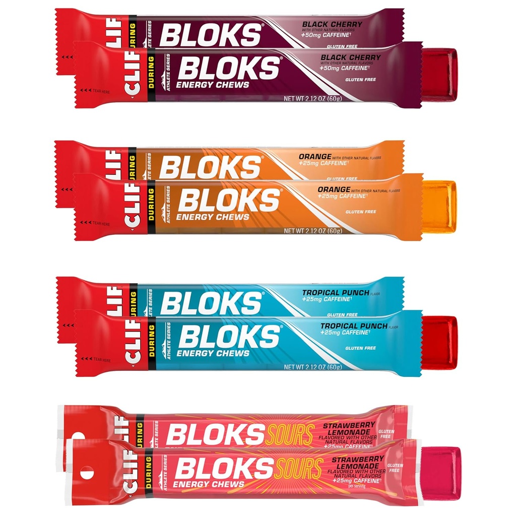 Clif Bloks - Energijos Chews su kofeinu - Veislės Pack - Ne GMO - Augalų pagrindu - Greitas kuras dviratininkystei ir važiavimui - Greitas angliavandenių ir elektrolitų - 2.12 oz. Paketai (8 skaičius)