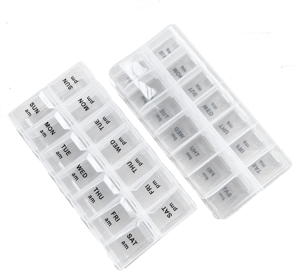 2 Pack OPP Clear Daily Pill Box Organizatorius, Savaitinis Pill Organizatorius 2 Times už tabletes, papildai ir vaistai, Am Pm Pill Organizatorius 7 Diena, Pill Box 7 Diena - 6,7 x 3,2 x 1 colių
