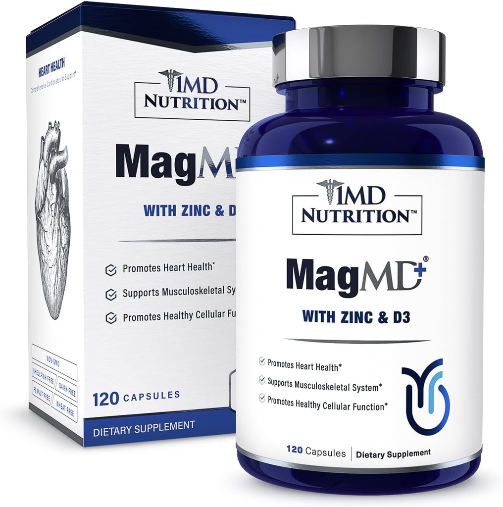 1MD Nutrition MagMD Plus - Magnis su cinku & D3 ® 124; Skatina širdies sveikatą, Palaiko kaulų ir raumenų jėgą, ir AIDS imuninė sistema - 120 Ct