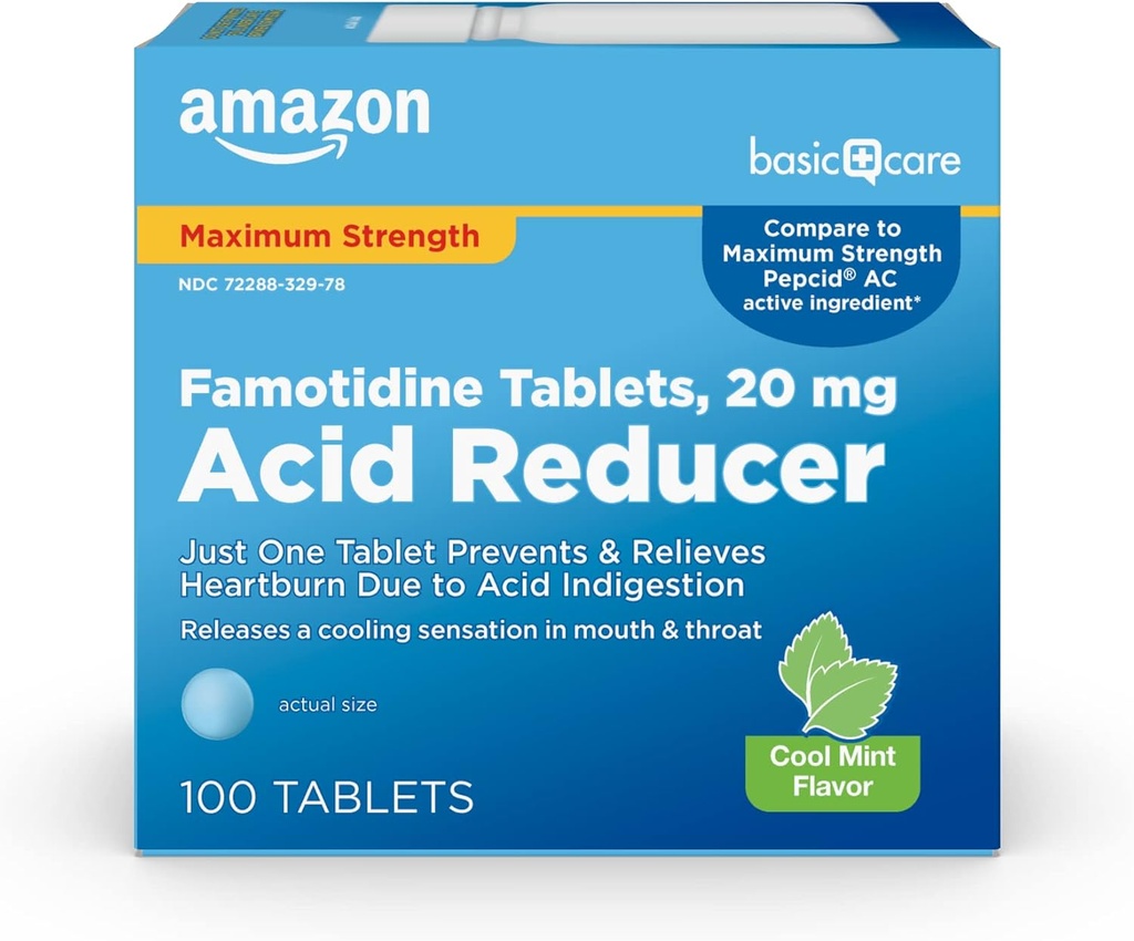 Amazon Basic Care Famotidine 20mg Cool Mint Tablets, 100 Count, White