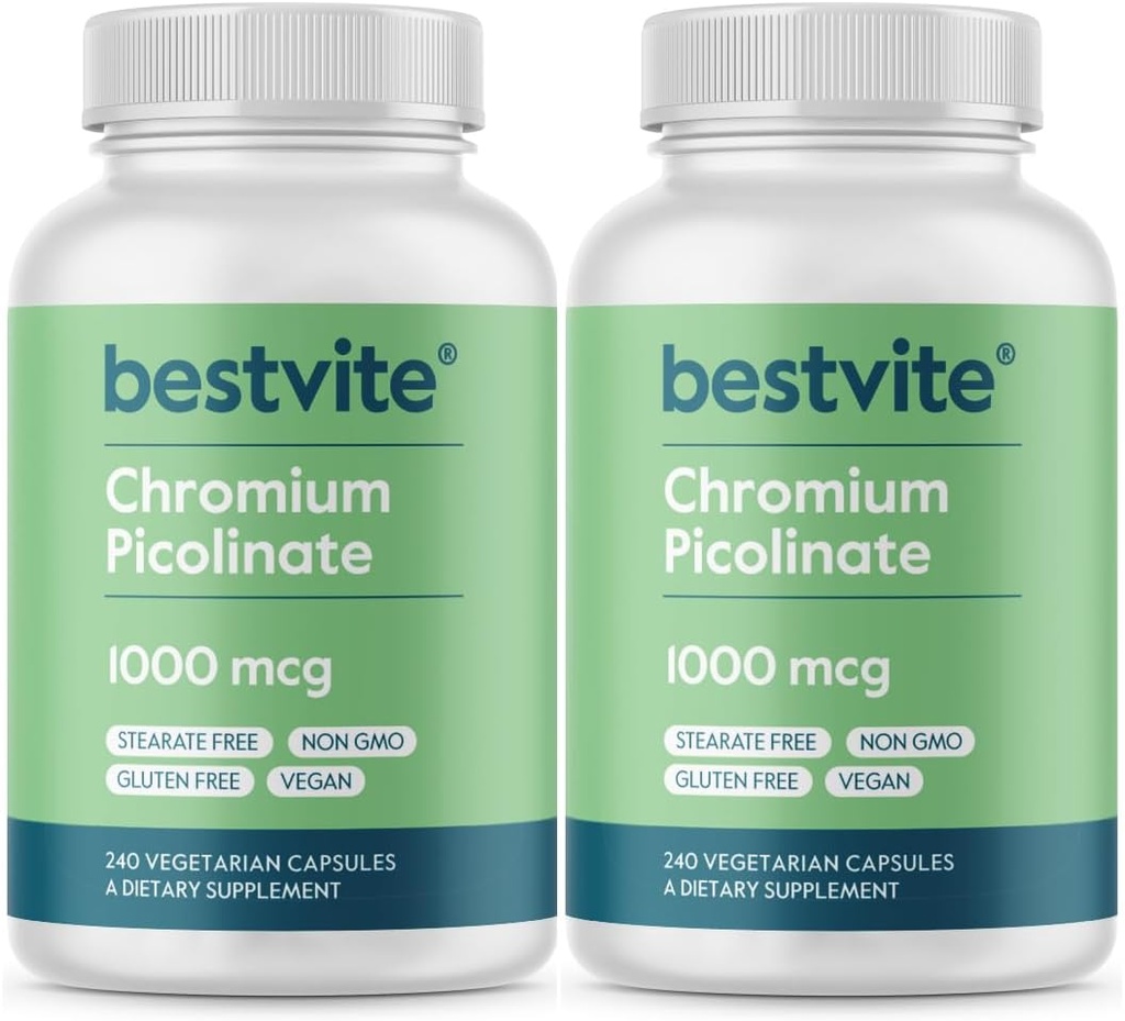 BESTVITE chromo pikolinatas 1000mcg (480 vegetariškų kapsulių) (240 x 2) - No Stearates - No Dicalcium Fosbate - Vegan - Gluten Free - Ne GMO