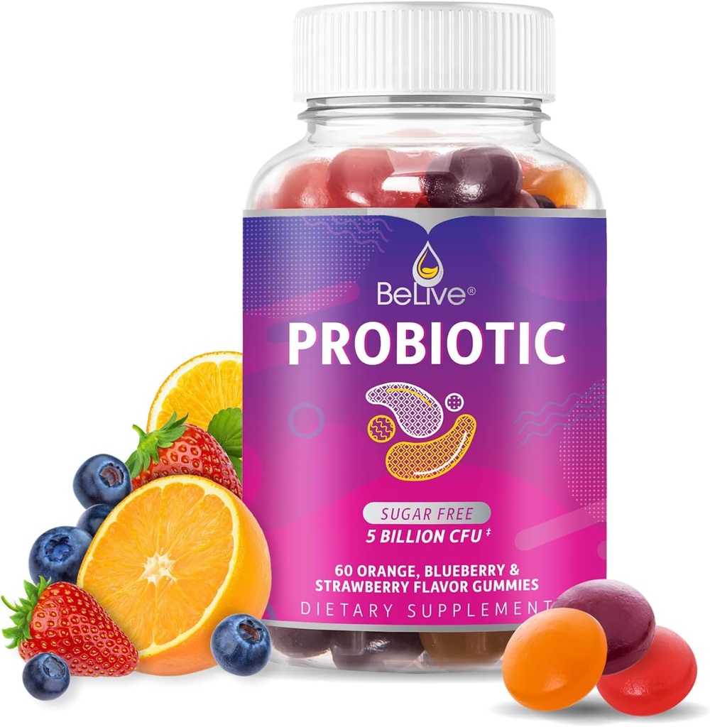 BeLive Probiotic Gummies - Probiotikai su 5 milijardais CFU už Digistive Health, Vyrai, Moterys ir vaikai - už imuninę paramą, Cukrus Nemokamas & Vegan ® 124; 60 Ct - Mėlynės, braškių ir apelsinų
