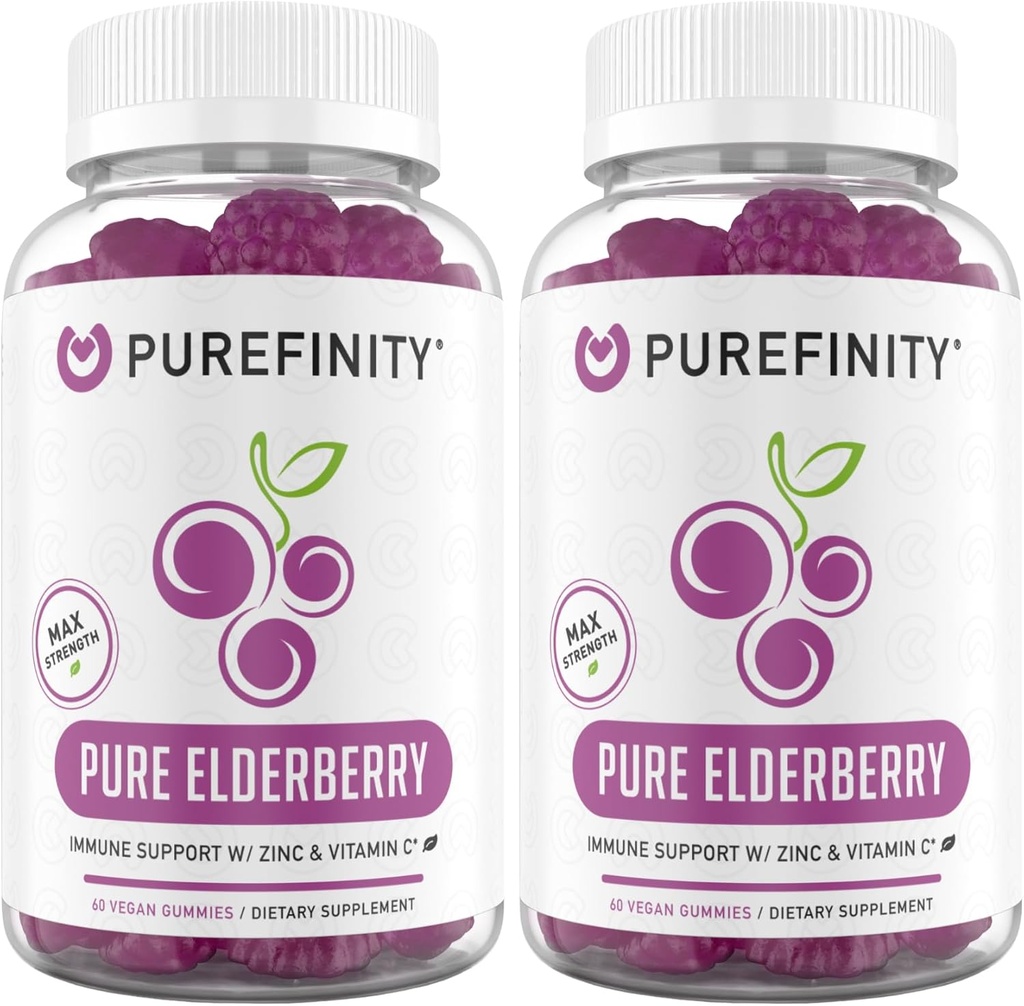 PUREFINITY Elderberry Gummies with Sambucus, Vitaminas C, ir Cinkas - Jūsų puikus Dienos 3- in-1 papildas vaikams & suaugusiems - Gluten Free, Non- GMO, Vegan, 60 Count (Pack of 2)