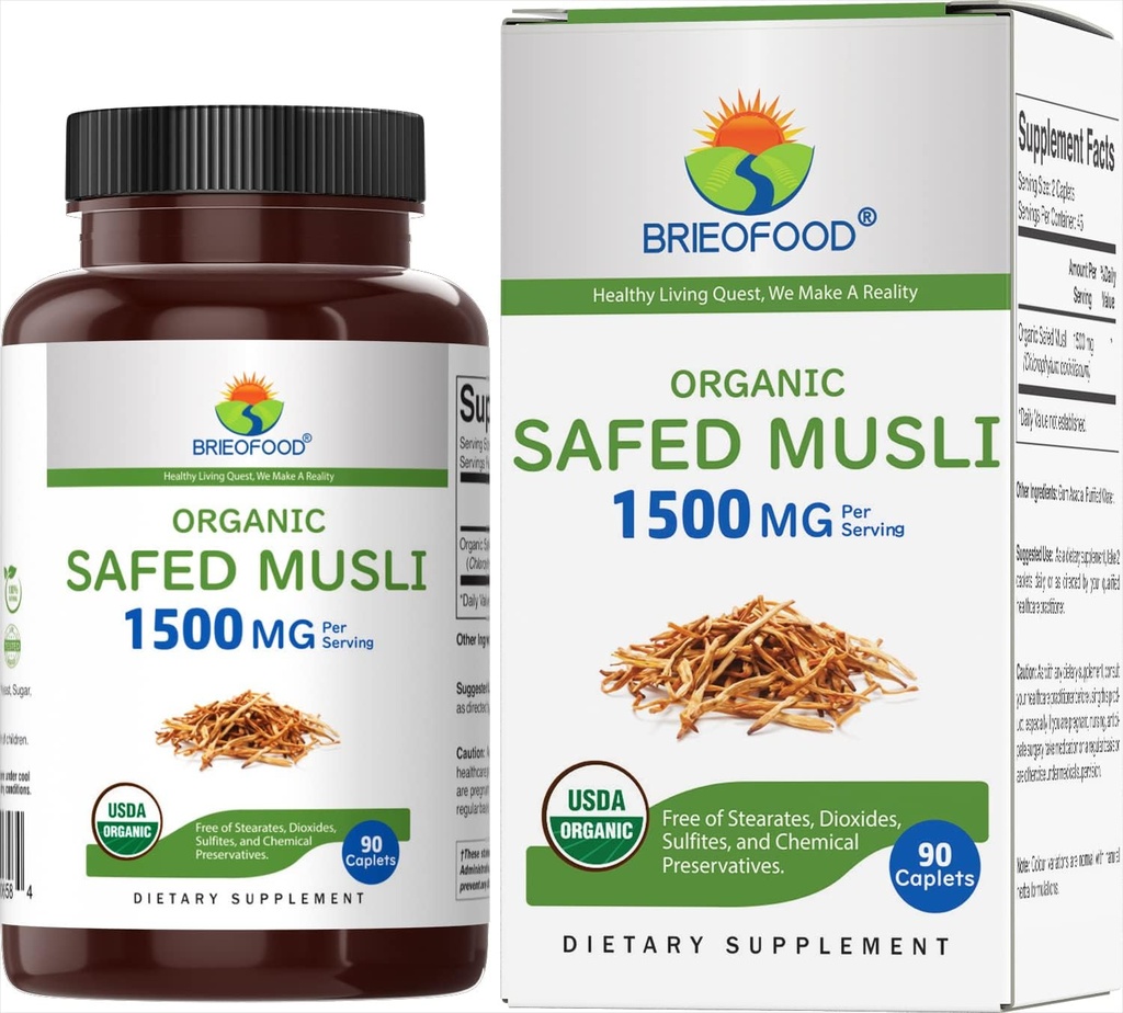 Brieofood Organic Safed Musli 1500mg, 45 Paslaugos, Vegetarian, Gluten Free, 90 Vegetarian Tablets