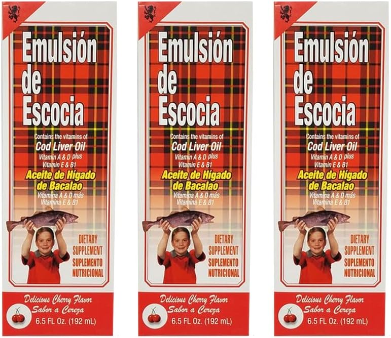 Emulsion de Escocia Cod Liver Oil Dietary Supplement. Rich in Vitamins A, D, E and B1. Cherry Flavoured. 6.5 Fl Oz / 192 mL. Pack of 3
