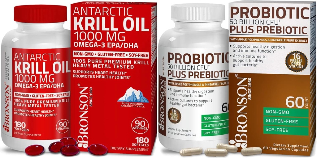 Bronson Probiotic 50 Billion KSV + Prebiotic with Apple Polyfenes & Pineapple Fruit Extrac Antarkties krilių aliejus 1000 mg with Omega- 3s EPA DHA