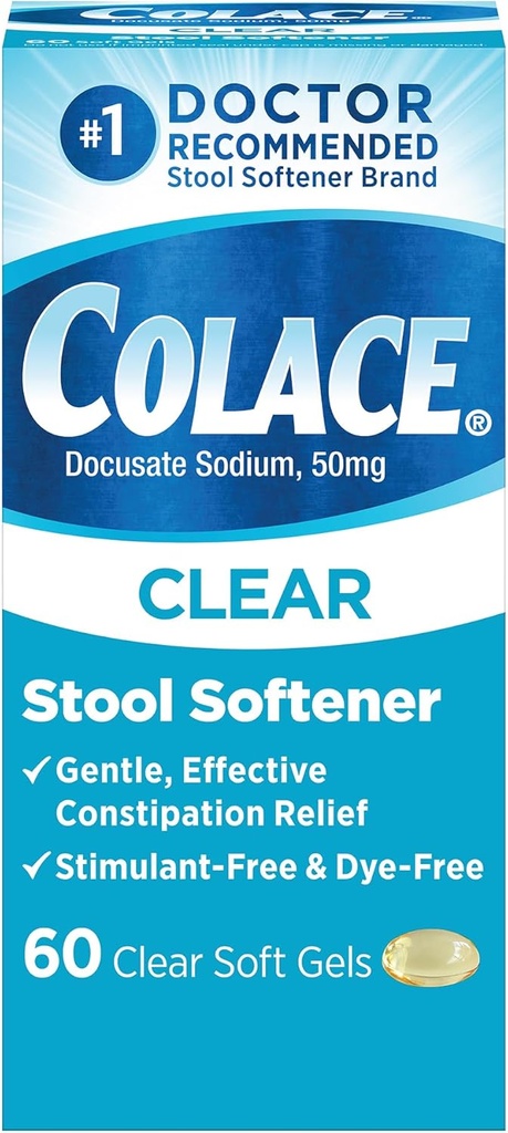 Colace Clean Stool Softener for Švelnus veiksmingas vidurių užkietėjimas Relief, # 1 Gydytojo rekomenduojama Stool Softener Brand, Dye Free, 50 mg Docusate Capsules, 60 Count