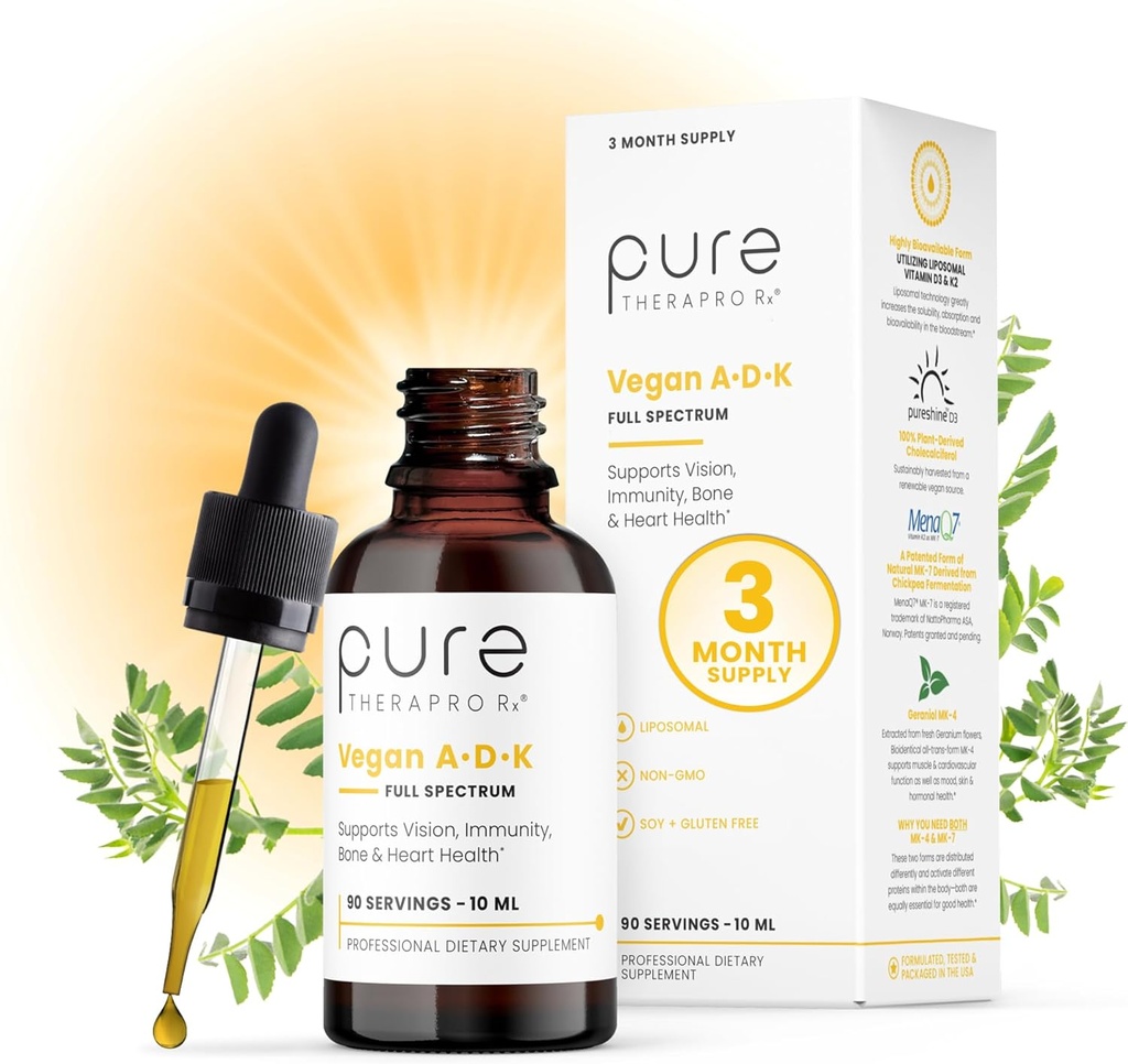 Pure Therapro Rx Vegan A- D- K lašai 10 Ml, Pagaminta JAV, 124; 3 Mėnesio tiekimas, 124; Vitaminas A (Palmitatas), Liposominis vitaminas D3 (Pureshine), Liposominis vitaminas K2 (MK-4 & MK- 7) Palaiko imunitetą ir kaulų sveikatą