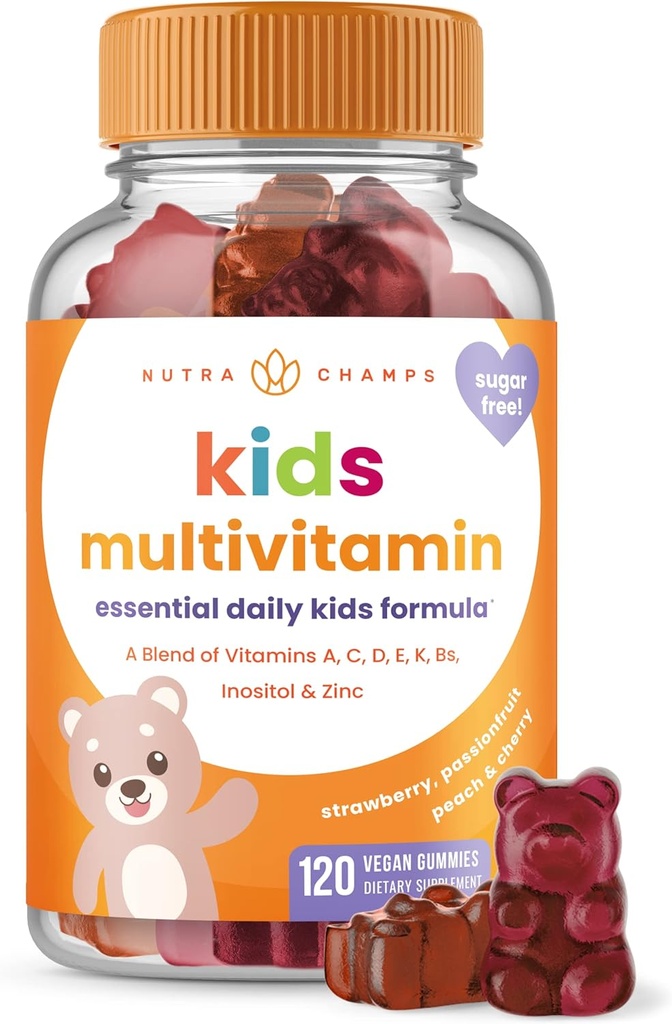 NutraChamps Kids Multivitamin Gummies | Sugar Free 120 Gummy Vitamins for Kids | Vegan & Non-GMO | Strawberry, Passionfruit, Peach & Cherry