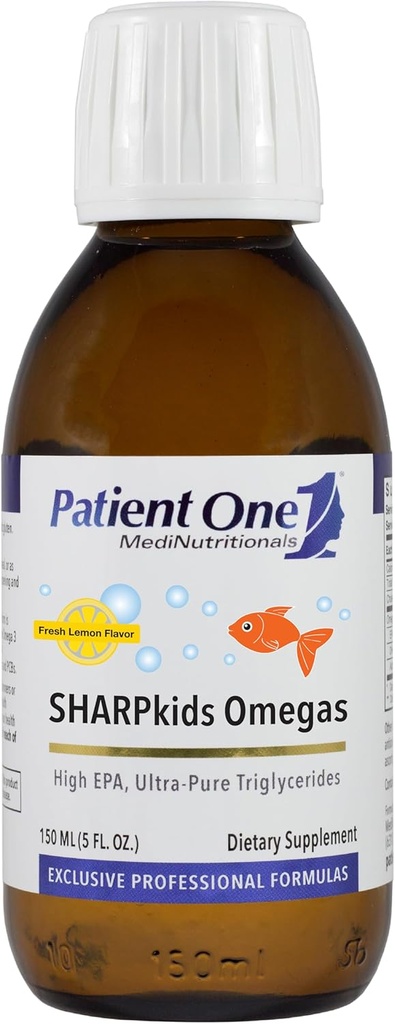 Pacientas Vienas SHARPkids Omegas skystas 124; papildas remti širdies, smegenų ir bendros sveikatos * Bendrijoje 124; High- Potency Omega-3 žuvų taukai ® 124; Lemon flavor ® 124; 5 fl oz