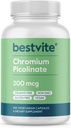 BESTVITE Chromo Picolinate 200mcg (250 Vegetariškų kapsulių) - No Stearates - No Dicalcium Fosfate - Vegan - Gluten Free - Ne GMO