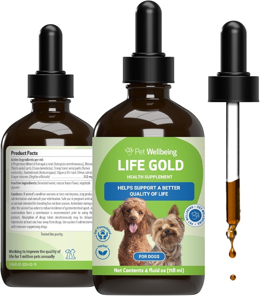 Pet Wellbare Life Gold šunims - Detoksikacija, Imuninė sistema Sveikata, Antioksidantai - Suformuluotas augalinis priedas - 4 oz (118 ml)