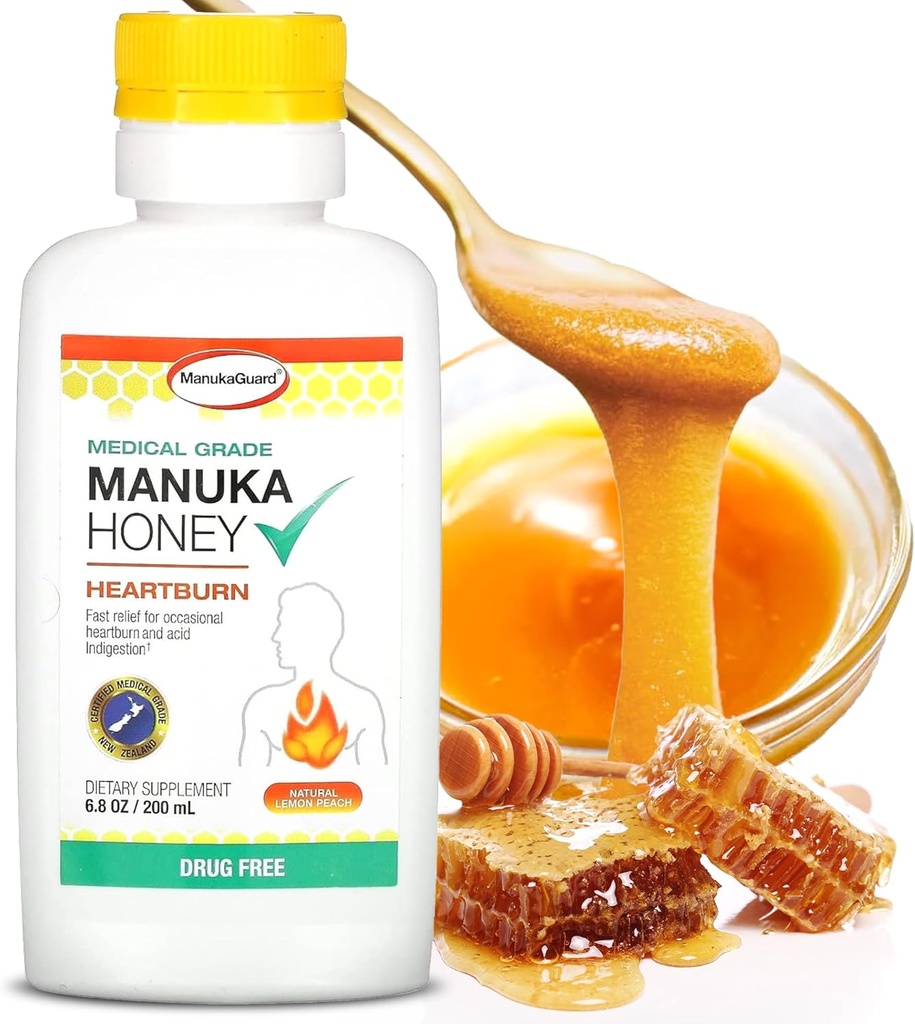 ManukaGuard Heartburn Nutralizer, Medical Grade Manuka Honey 6.8oz - Immediate Heart Burn and Acid Indigestion Relief. Drug-Free Antacid Alternative
