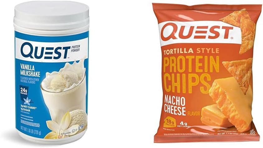 Quest Vanilla Milkpurch baltymo milteliai, 24g proteinas, 1,6lb + Quest Nacho Cheese Tortilla stiliaus baltymų chips, 18g proteinas, pakuotėje yra 12