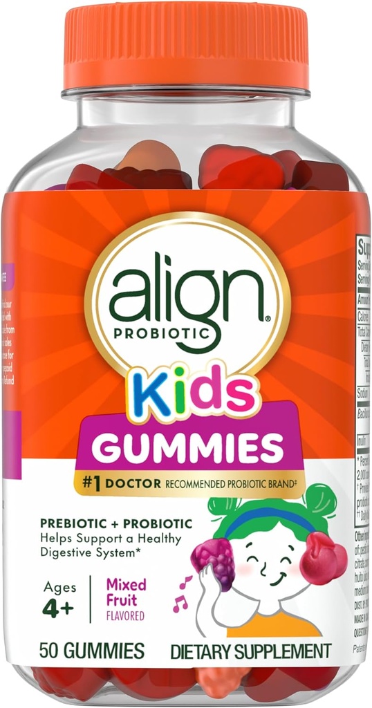 Align Probiotic, Kids Gummies, Prebiotic + Probiotic padeda palaikyti sveiką virškinimo sistemą *, # 1 Gydytojo rekomenduojama Probiotic Brand ‡, 50 Gummies Pakuotė gali skirtis