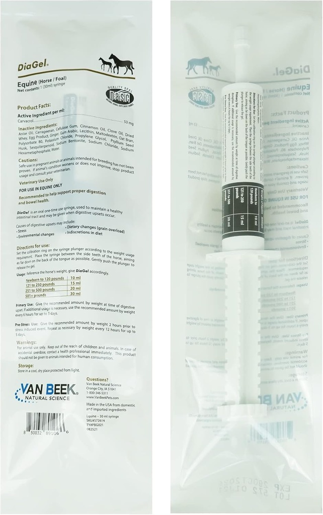 DiAGel arklinių šeimos gyvūnams - Orally Administered Gel for retkarčiais Loose Stools ir Digestive Upset - Natural Horse Products - Van Beek Natural Science