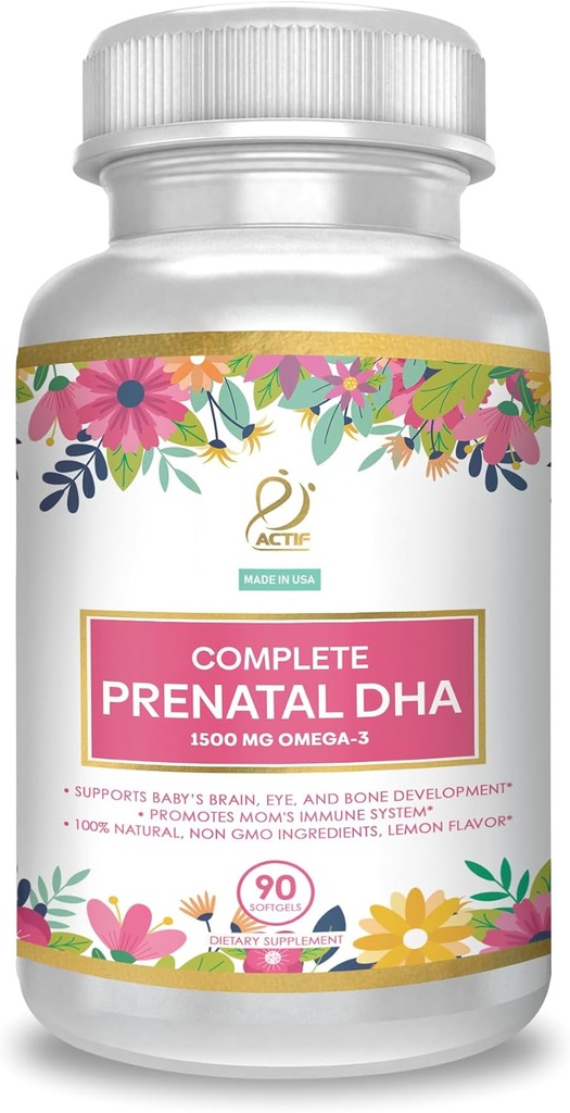 ACTIF Complete Prenatal DHA su 1500mg Omega-3, 100% Natural, Organic DHA, EPA - Non- GMO, 90 Count