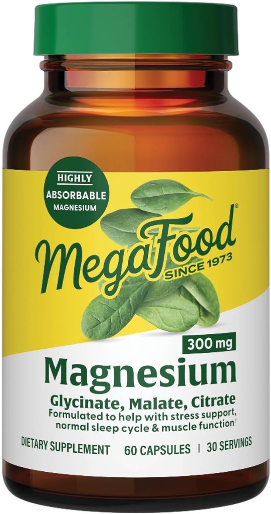 MegaFood Magnesium Glycinate, Citrate, Malate 300mg Supplement - Highly Absorbable Blend to Support Heart, Nerve Health & Relaxation, Triple Magnesium Complex Supplement, 60 Capsules (30 Servings)