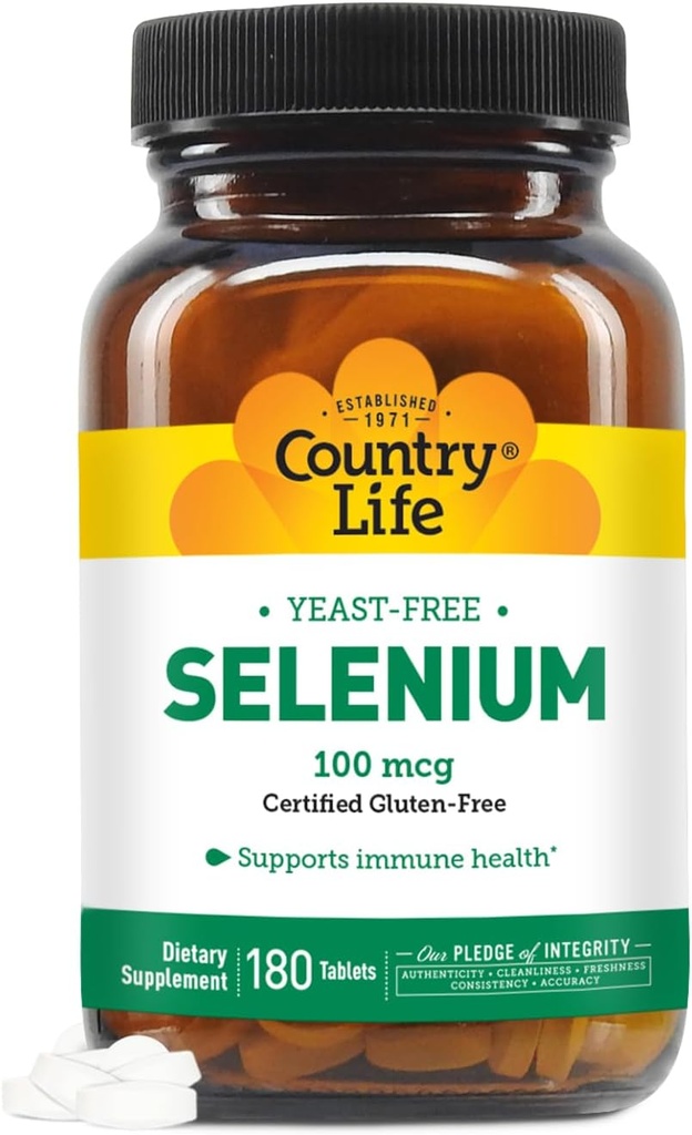 Country Life Selenium, Yeast Free, Palaiko imuninę sveikatą, 100 mikrogramų, 180 tablečių, Gluten Free, Vegan, Halal