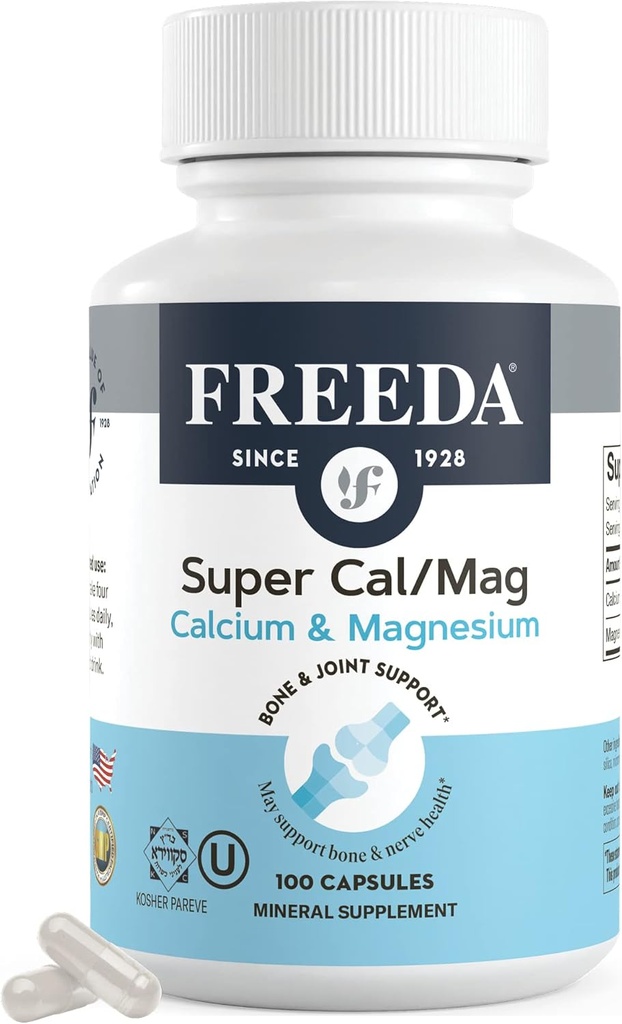 Freeda Super Cal/Mag – Kosher Vegan Bone Health Supplement – Supports Bone Strength, Nerve Function & Muscle Relaxation – Vegetarian Calcium Magnesium Capsules – Third-Party Tested – (100 Capsules)