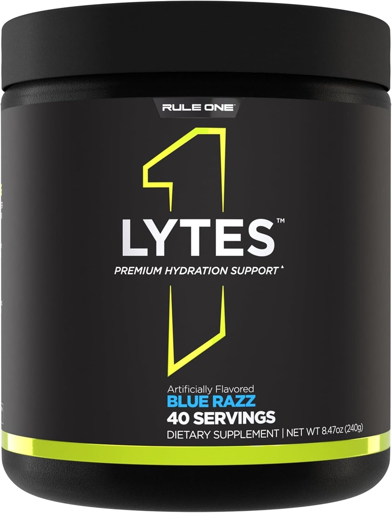 Rule 1 Lytes - Hydration Support Mix Featuring 5 Electrolyte Minerals Enhanced with Citrulline, Coconut Water, and Watermelon Powders, Plus Antioxidant Vitamin C (40 Servings, Blue Razz)