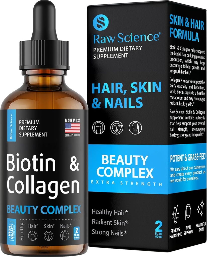 Liquid Collagen & Biotin Supplements for Hair Growth - Biotin 10000mcg Collagen Peptides 20000mcg Drops - Hair Vitamins for Hair Loss for Women & Men, Skin and Nail Strengthener - Made in USA, 2 floz