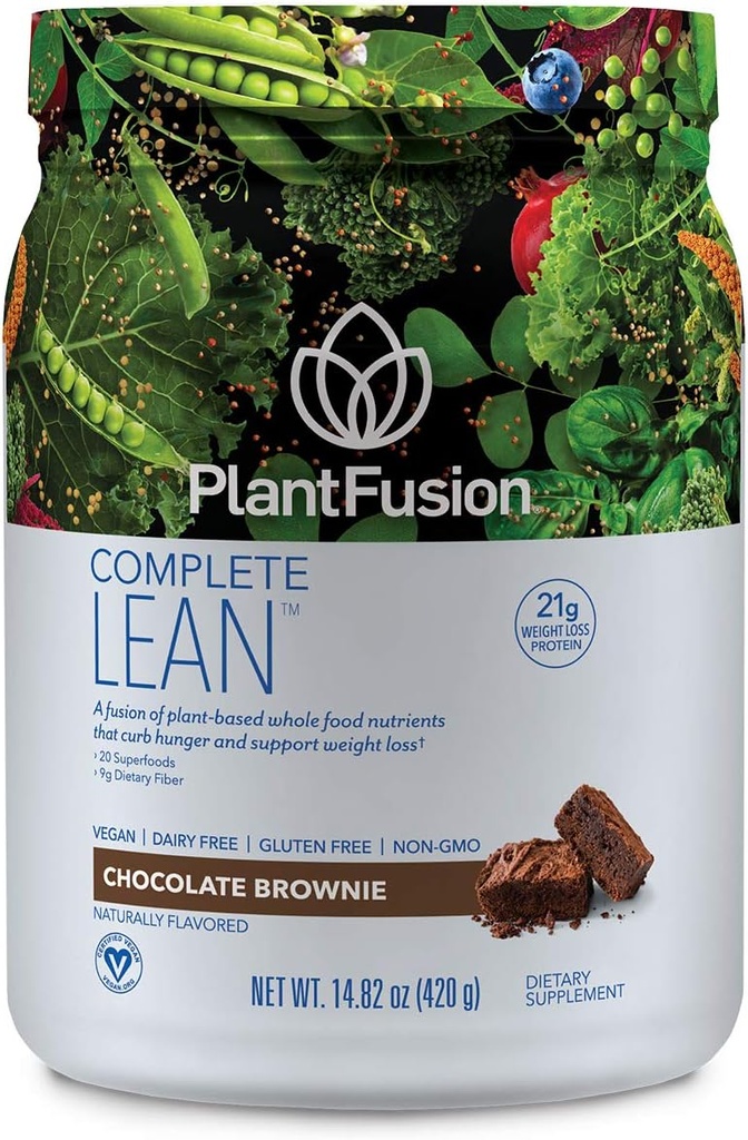 PlantFusion Complete Lean Plant Proteinų Milteliai - Prebiotinis pluoštas, Superfood & Digestive fermentų - Vegan, Gluten Free, Soy Free, Non-GMO - Šokoladas Brownie 1 LB