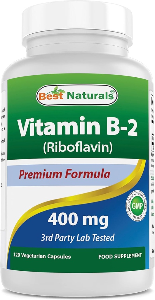 Geriausi natūralūs vitaminai B2 (riboflavinas) 400mg - Migrena Relief - Veggie Capsules - Conezyme Prekursor - 120 Count