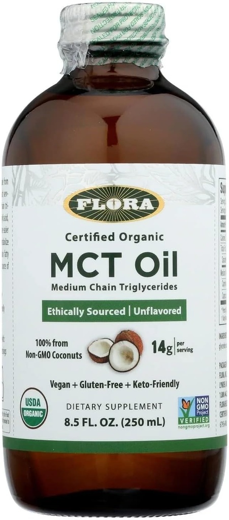 Flora - MCT Oil Certified Organic - Supports Muscle Energy & Brain Health - Contains C8 Caprylic Acid & C10 Capric Acid - Non-GMO, Gluten-Free, Vegan & Keto-Friendly - 8.5 fl. oz. Glass Bottle