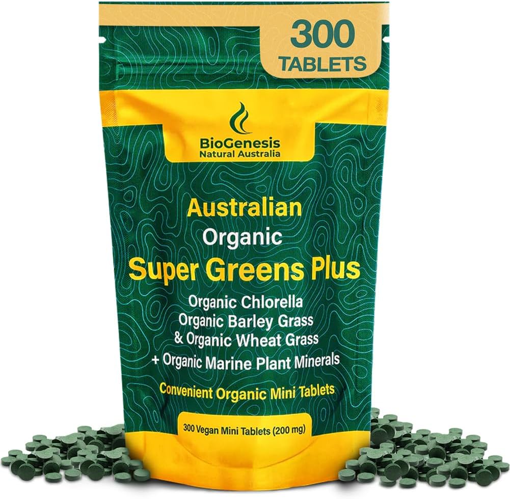 Biogenesis SuperGreen Plus Tablets - 300 Count (200 mg) ← 124; Unfavored ® 124; Organic Chlorella, Wheatgrade & Miežių žolė ® 124; Australian Grown ® 124; Palaiko energetiką ir imunitetą 124; Vegan Mini Talets