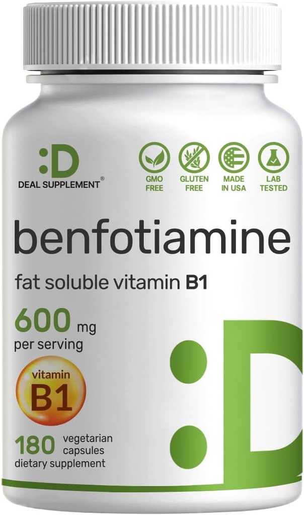 Benfotiaminas 600 mg vienam padavimui, 180 Veggie kapsulių (300 mg per capsules) - tirpus riebalinis vitaminas B1 Tiamino papildas - 3-ioji šalis Ištirtas, Veganas, Ne GMO, Gluten Be