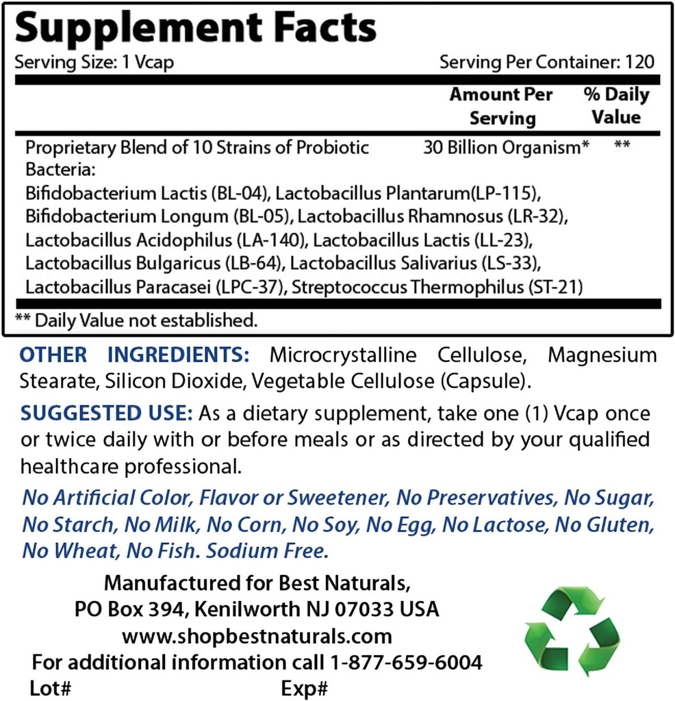 Best Naturals Probiotic 10 Trans & 30 Billion KSV & Vitaminas B2 (riboflavinas) 400mg