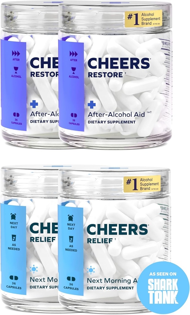 Cheers R&R Combo | Restore + Relief | Feel Better After Drinking & Support Your Liver | DHM, L-Cysteine, Milk Thistle, Ginger, White Willow Bark, Caffeine, L-Theanine | 24 Doses Each | Supplements