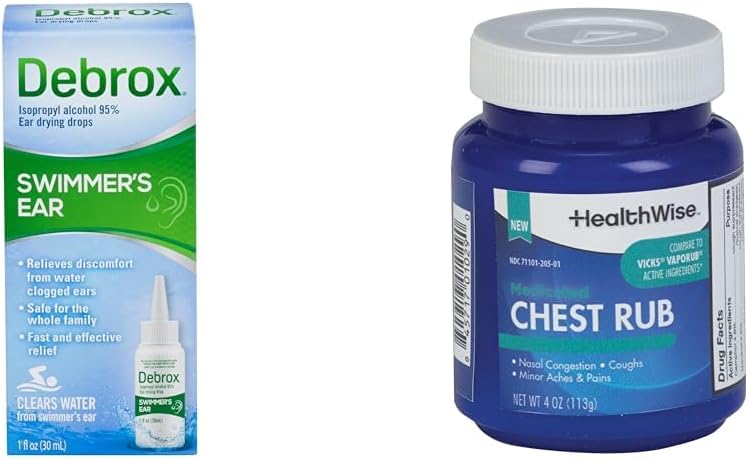 Debrox Swimmer Ausų lašai, 1 Fl Oz ir HealthWise Medical Krūtinės Rub, 4 Oz. Bundle