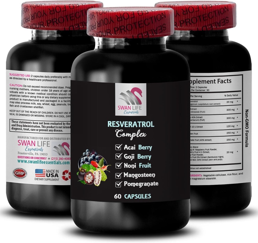 Berry Superfoods - RESVERATROL COMLEX - Galingi antioksidantai, Subalansuotas Gyvenimo būdas, Kvapioji energija, Acai Berry Stiprumas, Noni Blend, Berry Privalumai, Hidration Balance, Atnaujinimas 1 Butelis 60 Caps