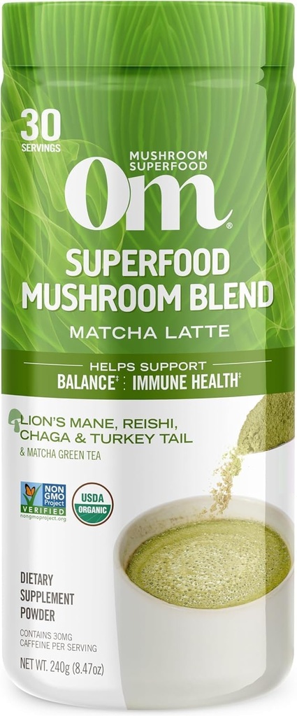 Om Mushroom Superfood Matcha Latte Blend - Žalioji arbata grybų milteliai su Lion 's Mane, Reishi, Chaga & Turkey Tail - Focus, Calm & Stress Support - 8.47 oz Canister (30 Servings)