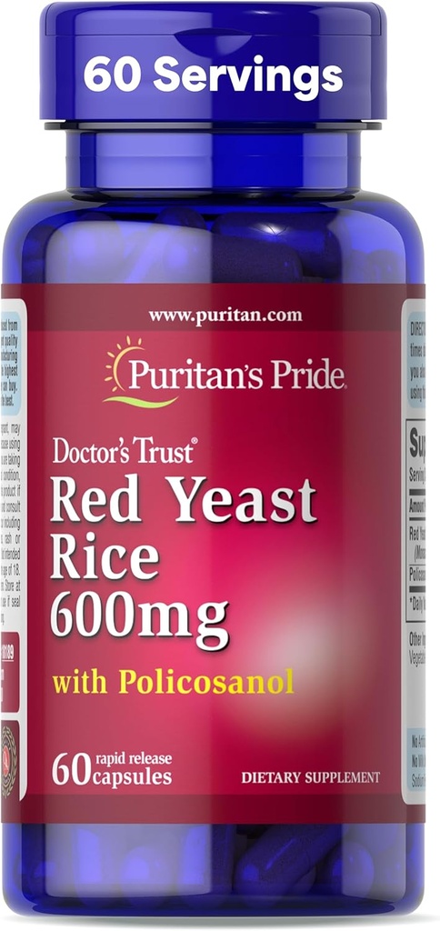 Puritans Pride Doctors Trust ® Red Yeast Rice 60 mg su Policosanol, dietinis priedas, 60 greito atpalaidavimo kapsulių