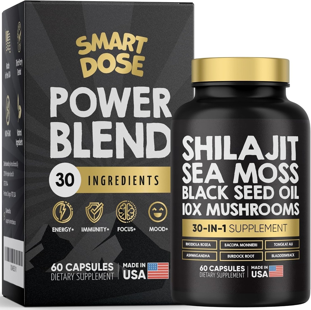 Power Blend Capsules - 30-in-1 Addition Budle with Shilajit 6000mg, Sea Moss 4000mg, Black Seed Oil 4000mg, Ashwagandha 2000mg, 10x Mushroom, Tongkat Ali, Maca, Holistic Pills Combo