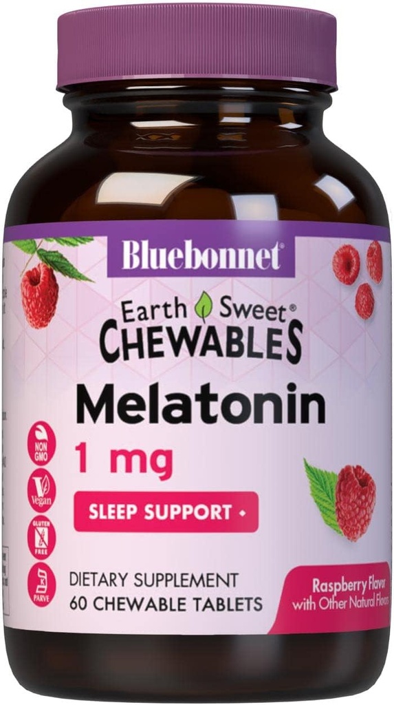 Bluebonnet mityba EarthSweet melatoninas 1 mg Fast- Earth- EarthSweet greitai išspręsti naktinis atsipalaidavimas & Restora miego parama - Miego Pagalba - Gluten- Nemokama, Vegan - Kramtomosios tabletės Aviečių