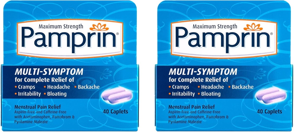 Pamprin daugiasimptomų formulė, su Acetaminofenas, Menstruacinis laikotarpis Simptomai palengvėjimas, įskaitant rampos, skausmas, dirglumas ir pūtimas, 40 kapsulės (pakuotė 2)