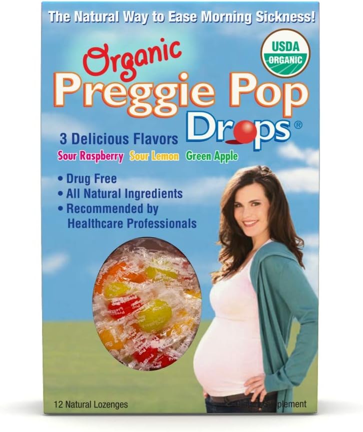 Organic Preggie lašai ® 124; 12 lašai Kiekvienas iš 124; Rytas Liga nėštumo metu ® 124; Saugus nėščiai mamai & Kūdikiui ® 124; Gluten Nemokamas 124; 3 Skonis: citrinos, Aviečių & Žalioji Apple