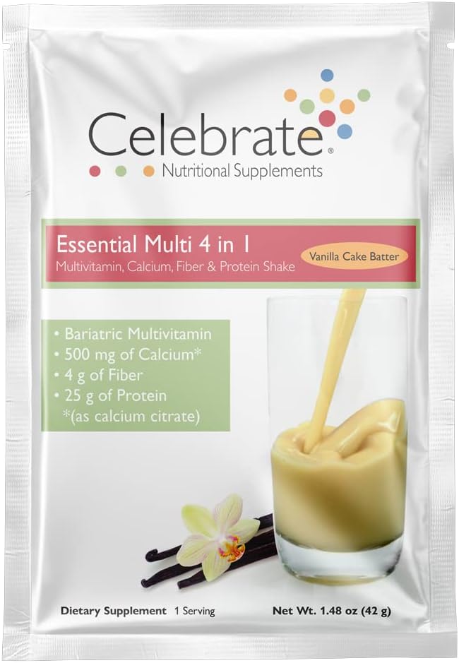 Celebrate Vitaminai 4- in-1 Bariatric Multivitaminas su kalcio citratas baltymų purtyti, 500mg kalcis, Post Bariatric Chirurgija, Vanilla Cake Batter, 15 Vienkartinių paslaugų paketai